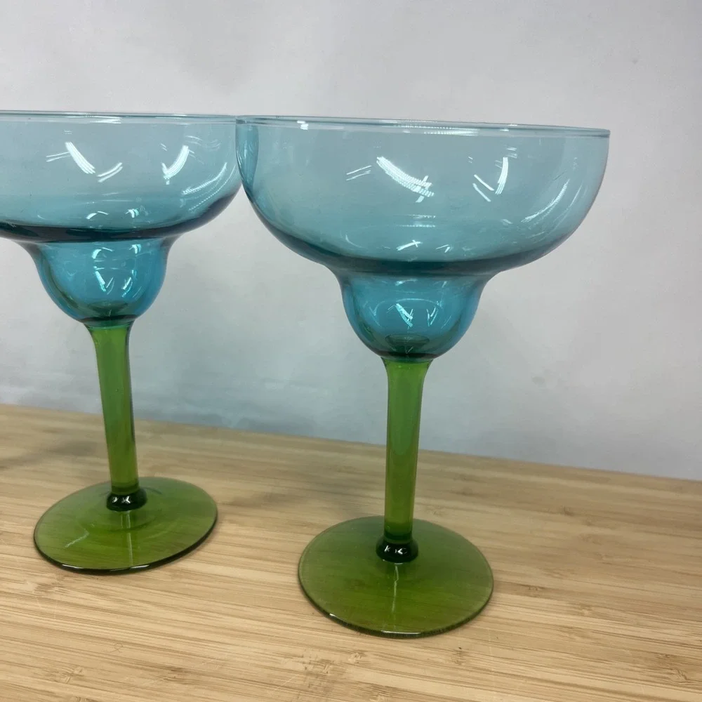 Vintage Margarita Glasses. Set Of 2 Turquoise Blue Bowl Emerald Green Stem 7